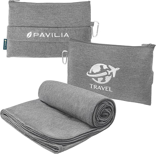 PAVILIA Soft Travel Blanket, Compact Airplane Blanket in Bag, Portable Blanket Pillow Set, Lightweight and Packable Plane Flight Car Trips Travel Home Office Gift Accessories, Gray, 65x40 inches