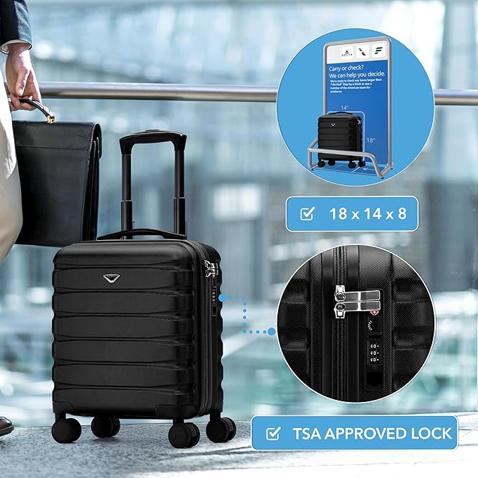 Carry On Suitcase Hardside Built In TSA Lock & USB Port Silent Double Spinner Wheels Maximum Underseat Carry-On Bag For American & United Approved Airlines( 18x14x8" ,Black )