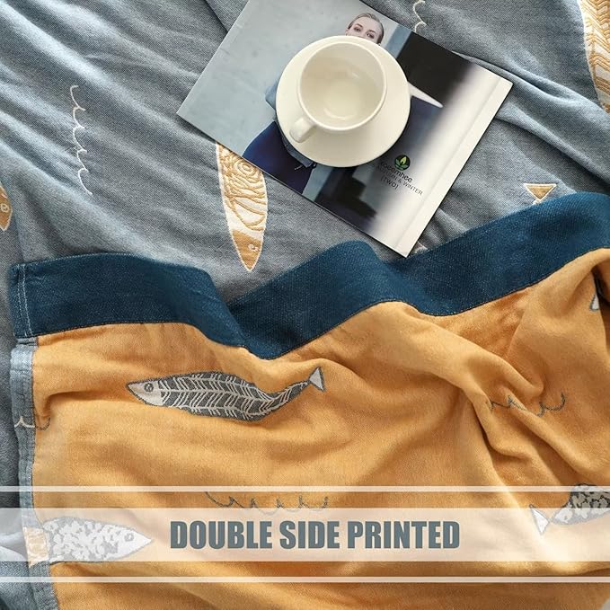 Boho Throw Blanket for Bed 100% Cotton Ultra Soft Rustic Quilt Fall Blanket Fish Printed Farmhouse Decor Bed Blankets,60"×80" All Season Rustic Throw for Sofa Couch Chair