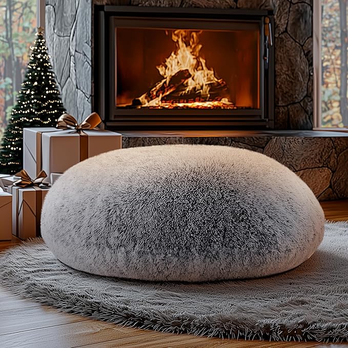Codi Faux Fur Floor Pillows, Fluffy Large Round Cushions Sitting for Adults, Decorative Fuzzy Pillow for Fireplace,Dog Beds, Christmas, 32 Inch, Light Grey