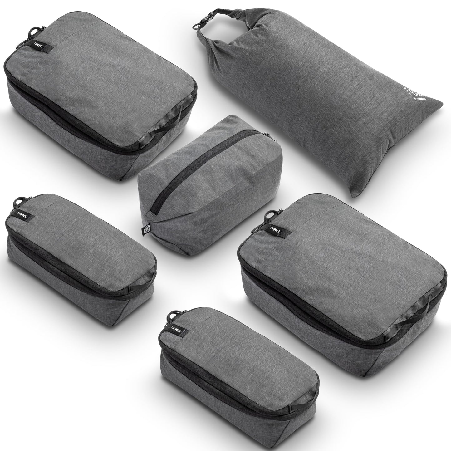 Premium Compression Packing Cubes for Travel, Compression Packaging Cube, Zip Bags Premium 6-Piece Set with laundry bag and shoe bag by TRIPPED Travel Gear (Grey)