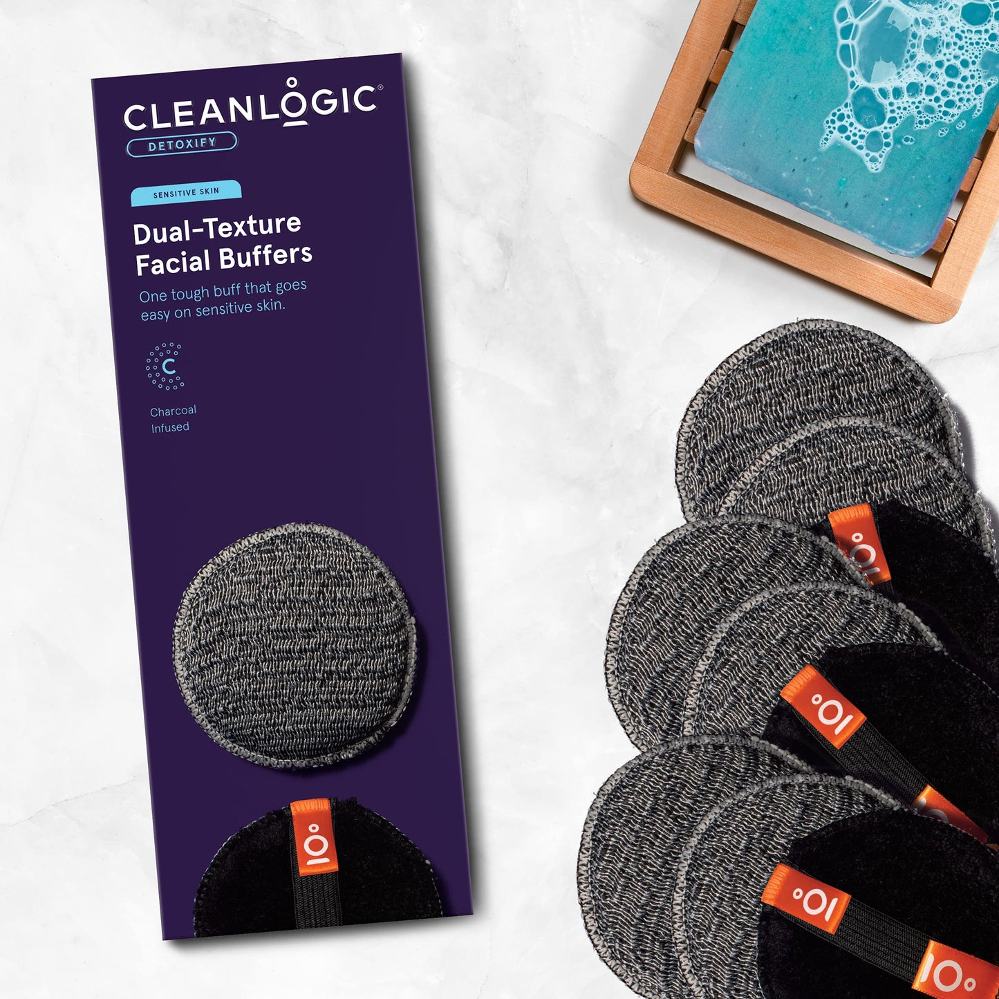 CleanLogic Bath & Body Charcoal Infused Exfoliating Dual-Texture Facial Pads, Face Sponges for Cleansing & Softening Sensitive Skin, MakeUp Remover Pads, 9 Count Value Pack