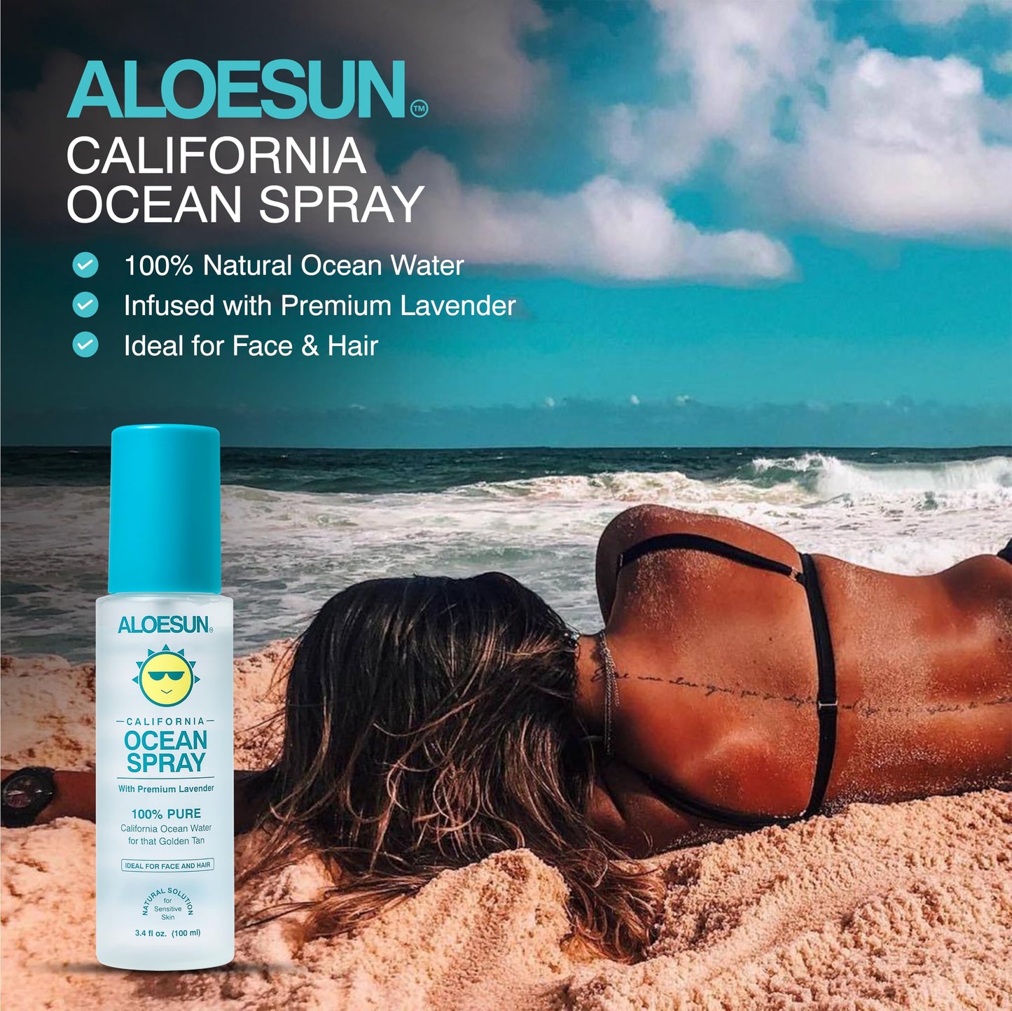 ALOESUN Ocean Spray | Pure California Sea Salt Water Face Mist Infused with Organic Lavender Essential Oil for Tanning | Hair & Scalp Exfoliating Solution | Facial Moisturizer | Travel Size 3.4 Fl Oz