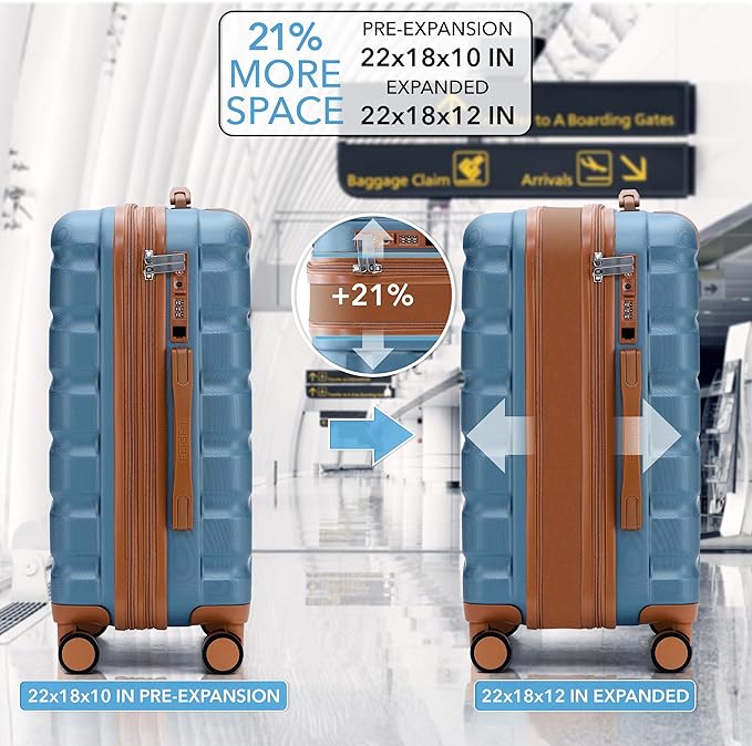 Carry On Suitcase Hardside TSA Lock & USB Port Silent Double Spinner Wheels Maximum Overhead Carry-On Bag Approved For Many Airlines( 22x18x10" ,Blue/Tan )