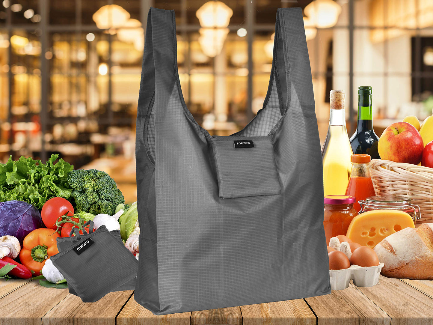 Masirs Reusable Grocery Bag (6-PACK | GREY) - Reusable Ripstop Bags - Large, Strong Eco Friendly Bags - Foldable Shopping Bag - For Kitchen, Grocery & More - Packable Shopping Bag