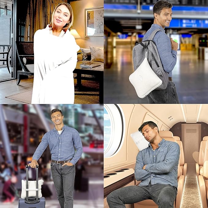 BlueHills Premium Soft Plush Travel Blanket Pillow for Airplane Traveling Essentials in a Bag Flight Throw with Backpack Clip Compact Portable Plane Accessories Ivory White - T025