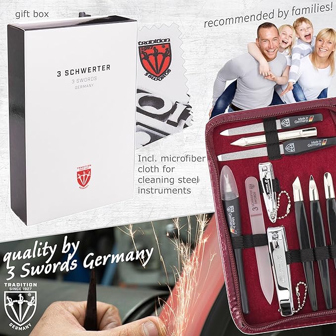 3 Swords Germany - brand quality 16 piece manicure pedicure grooming kit set for professional finger & toe nail care scissors clipper synthetic leather case in gift box, Made in Germany