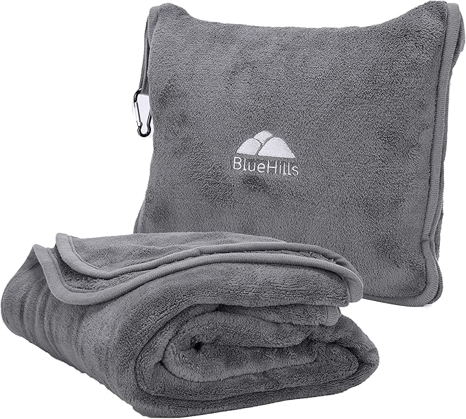 BlueHills Premium Soft Long Travel Blanket Pillow for Tall Airplane Flight Blanket Throw in Soft Bag case with Hand Luggage Belt & Backpack Clip Compact Pack Large Grey Gray T052