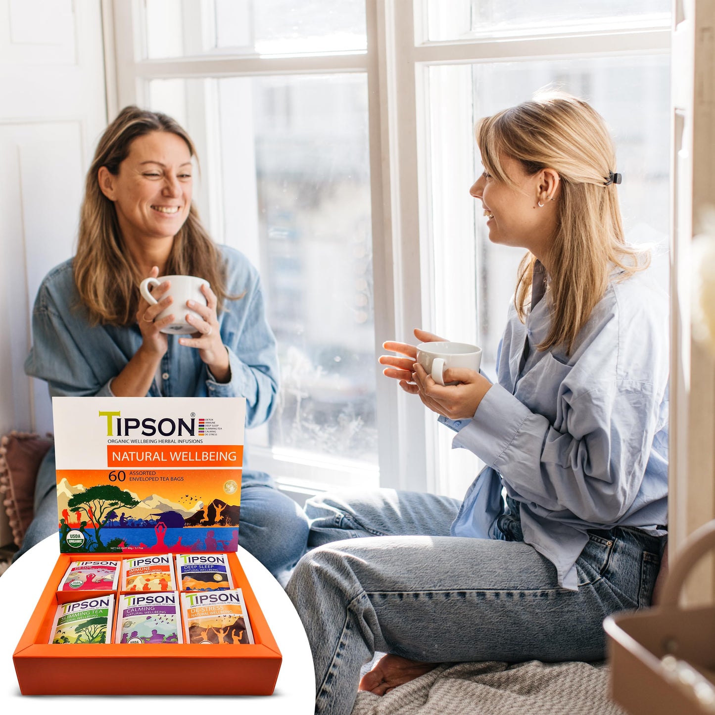 Tipson Natural Wellbeing Variety Sampler - 6 Flavors | 6 Benefits (60 Tea Bags), Herbal Tea Infusions - USDA Organic, Non GMO, and Gluten Free
