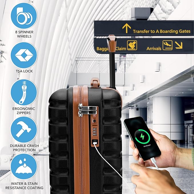 Carry On Suitcase Hardside TSA Lock & USB Port Silent Double Spinner Wheels Maximum Underseat Carry-On Bag For Virgin & South West Approved Airlines( 16.25x13.5x8" ,Black/Tan )