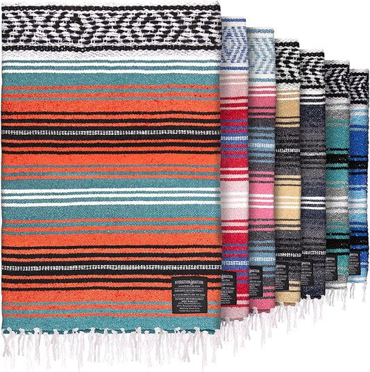 Authentic Large Handwoven Mexican Blanket - Soft Yoga - Durable Serape - Lightweight Falsa, Beach, Camping, Picnic, Outdoor 70"x50" - Mandarin