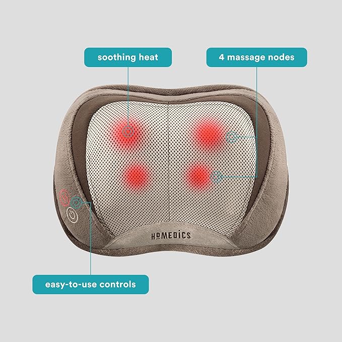 HoMedics Back and Neck Massager, Portable Shiatsu All Body Massage Pillow with Heat, Targets Upper and Lower Back, Neck and Shoulders. Lightweight for Travel