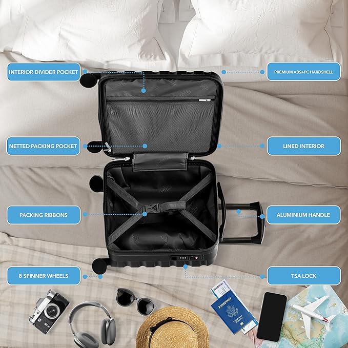 Carry On Suitcase Hardside Built In TSA Lock & USB Port Silent Double Spinner Wheels Maximum Underseat Carry-On Bag For American & United Approved Airlines( 18x14x8" ,Black )