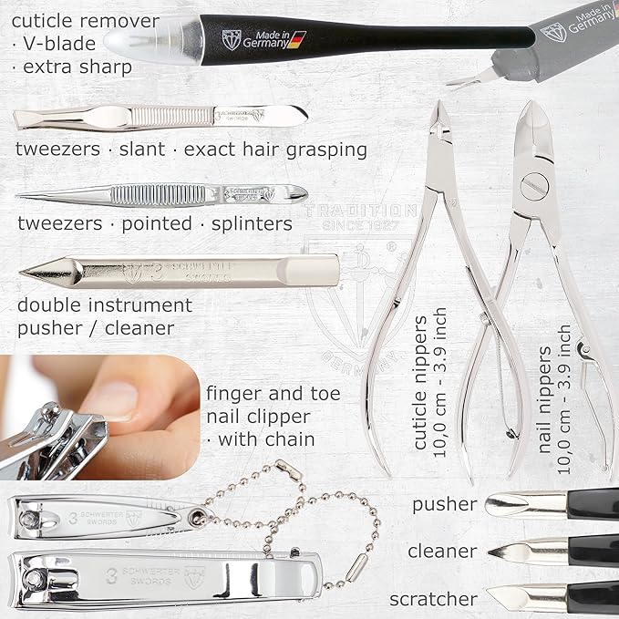 3 Swords Germany - brand quality 16 piece manicure pedicure grooming kit set for professional finger & toe nail care scissors clipper synthetic leather case in gift box, Made in Germany