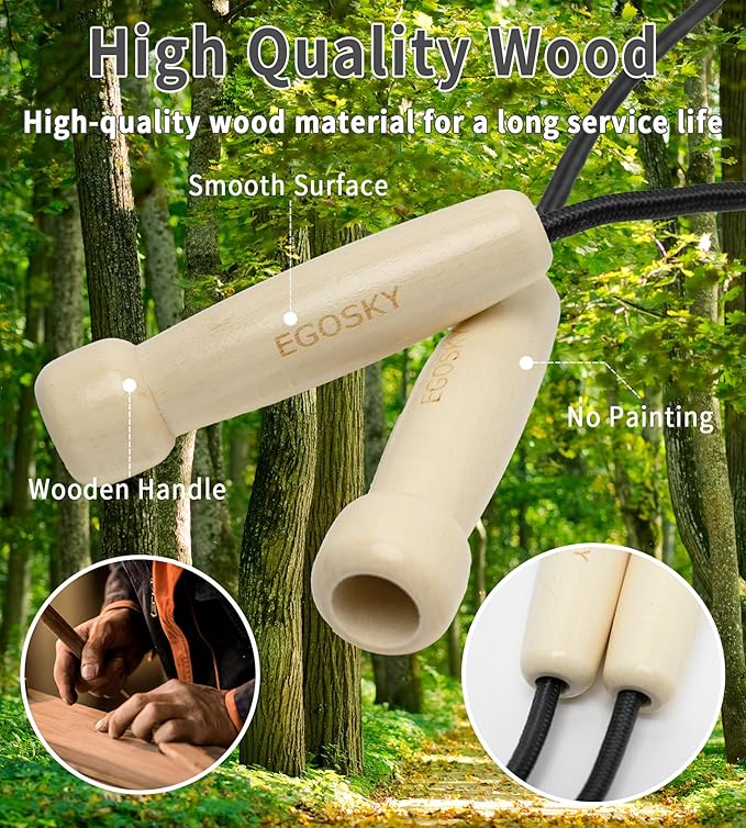 Jump Rope for Women Men Kids, EGOSKY Adjustable Wooden Handle Skipping Rope for Adult Boys Girls Fitness Exercise Outdoor Activity