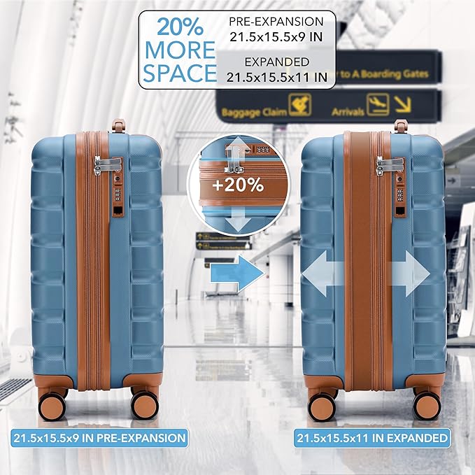 Carry On Suitcase Hardside TSA Lock & USB Port Silent Double Spinner Wheels Maximum Carry-On Bag For Canada Air Approved Airlines( 21.5x15.5x9" ,Blue/Tan )