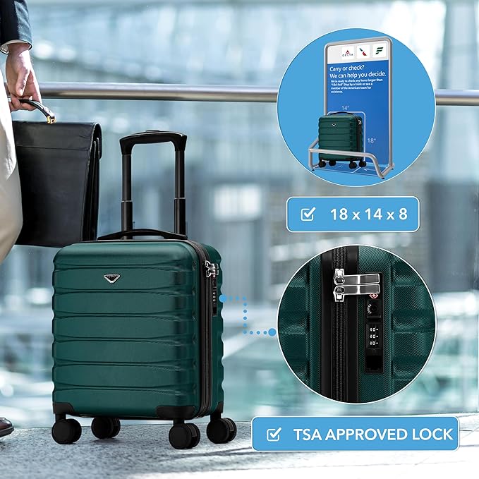 Carry On Suitcase Hardside Built In TSA Lock & USB Port Silent Double Spinner Wheels Maximum Underseat Carry-On Bag For American & United Approved Airlines( 18x14x8" ,Forest Green )