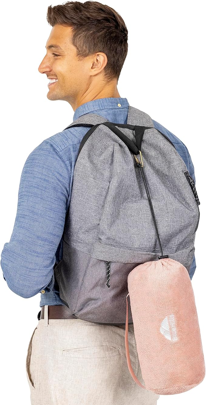 BlueHills Travel Blanket Pillow Rolled Premium Soft Plush Airplane Throw Traveling Gifts Compact in a Bag 70 X 48 inches Long Plane Flight Portable Lightweight Pink R02