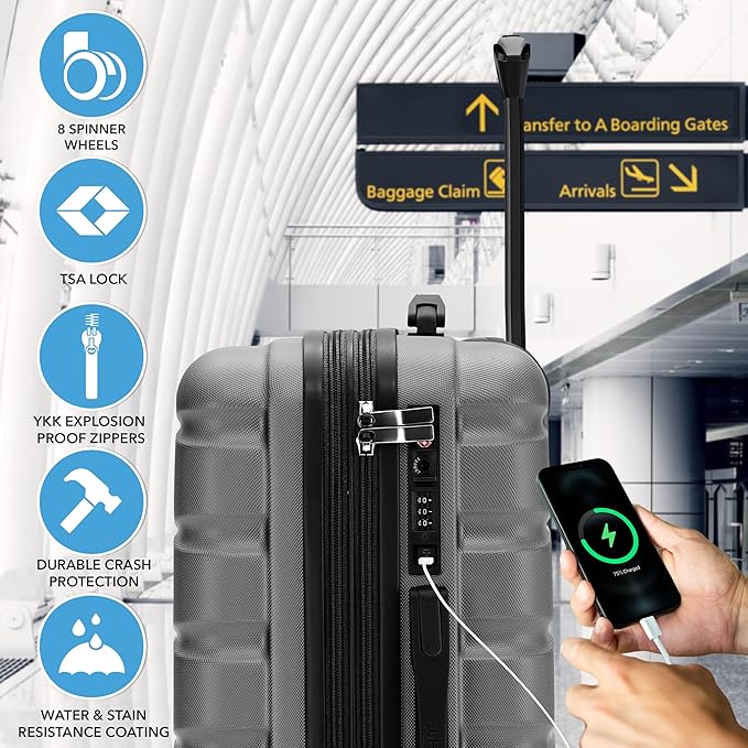 22x14x9" Expandable Carry On Suitcase Hardside TSA Lock USB C Port Lightweight Luggage Silent Double Spinner Wheels Maximum Overhead Carry-On Bag For American & United Approved Airlines