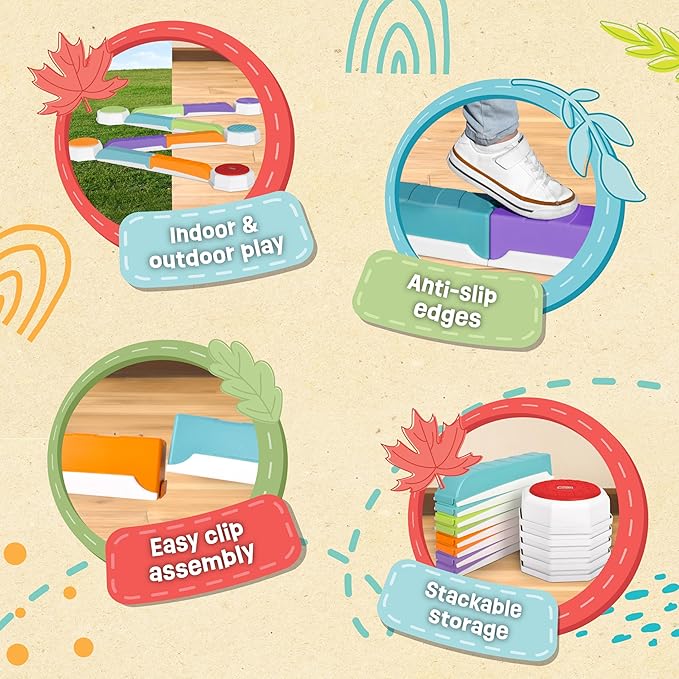 Balance Beam and Toddler Stepping Stones for Kids 13 Pieces, Jumping Stepping Stones Balance Beam, Sensory Play Toys for Toddlers, Indoor or Outdoor Play, Easy Stackable Storage