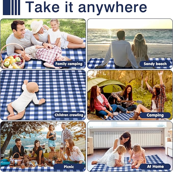 80"x80" Extra Large Waterproof Outdoor Mat - Sandproof Foldable Picnic Blanket for Family Camping, Backyard, Beach Parties - Heavy Duty & Easy Storage (Blue&White)