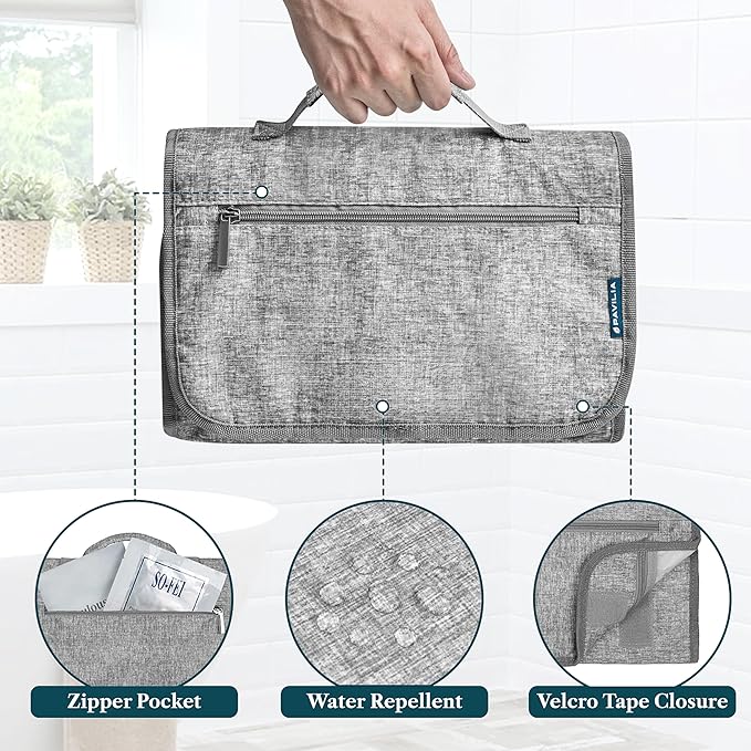 PAVILIA Hanging Toiletry Bag Women Men, Travel Kit Foldable Large Toiletries Organizer, Roll up Cosmetics Makeup Bag Accessories, Waterproof Essentials Jewelry Case (Heather Grey)