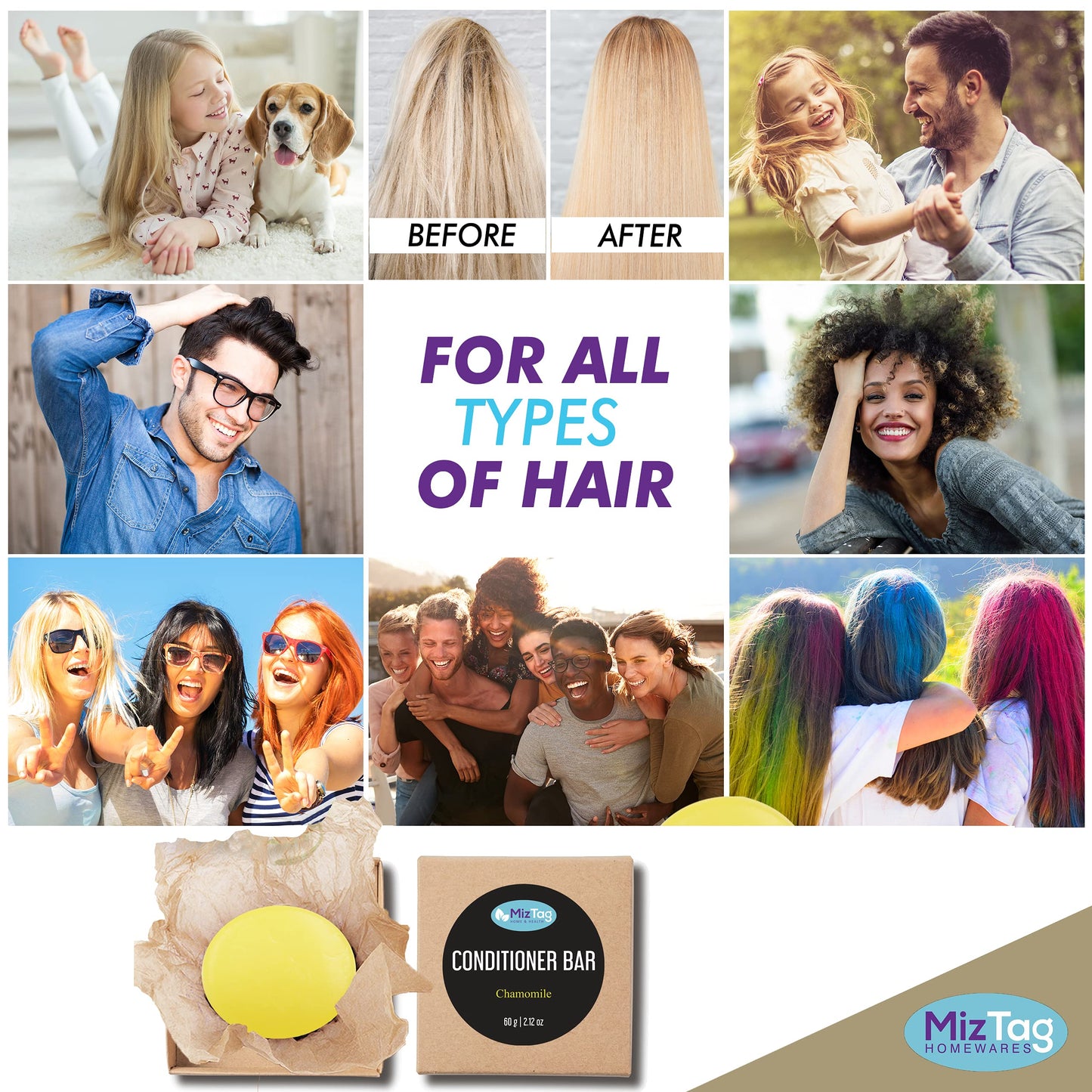 Miztag Home & Health Conditioner Bar - Solid Natural Soap for Hair - Vegan Zero Waste Packaging - Chamomile Scent - Eco-Friendly Gift for Women