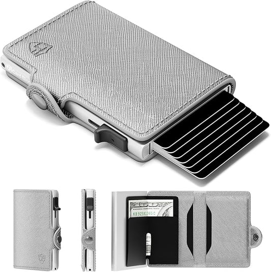 Card Blocr Womens Slim Wallet for Small Purses, Pop Up Wallet with Anti Theft RFID Blocking Credit Card Holder for Women in Platinum PU Saffiano Leather