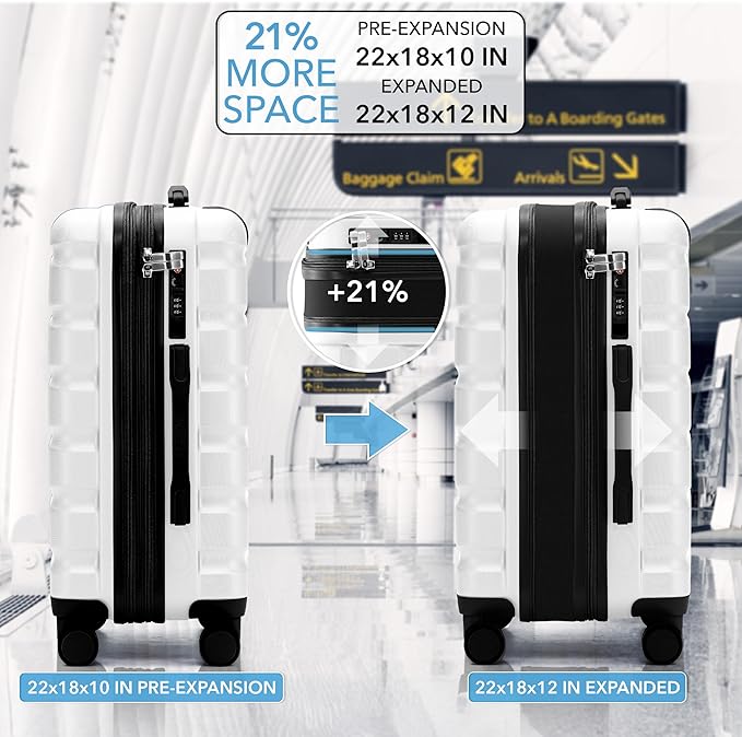 Carry On Suitcase Hardside TSA Lock & USB Port Silent Double Spinner Wheels Maximum Overhead Carry-On Bag Approved For Many Airlines( 22x18x10" ,White )