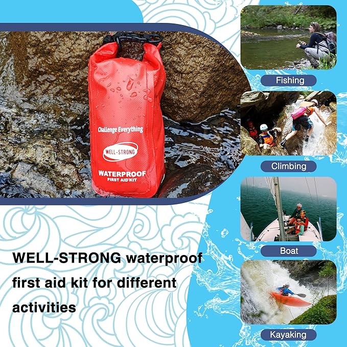 Boat First Aid Kit with Survival Tools, 123pcs Waterproof Emergency Marine Kit with Buckles, Compact Boat Safety Accessories for Fishing Kayaking Boating Camping Rafting Beach Red