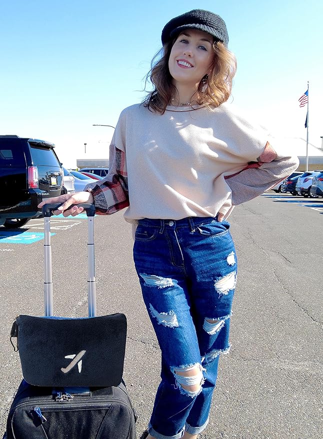 BlueHills Premium Soft Travel Blanket Pillow in Mini Soft Case Plush Airplane Blanket Compact Pack with Luggage Belt and Backpack Clip Long Flights Essentials Navy Blue M04