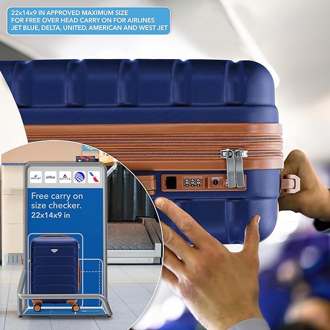 Carry On Suitcase Hardside Built In TSA Lock & USB Port Silent Double Spinner Wheels Maximum Overhead Carry-On Bag For American & United Approved Airlines( 22x14x9" ,Navy/Tan )