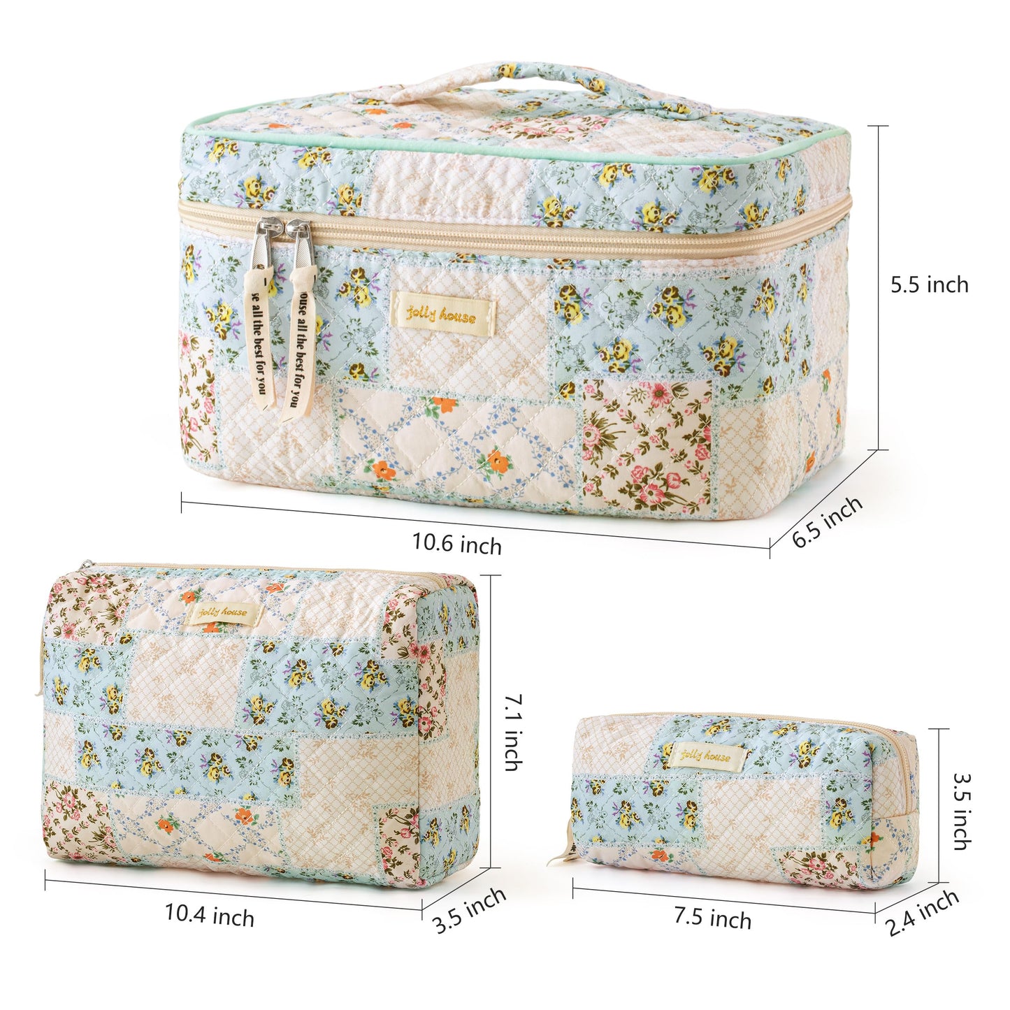 HBselect Quilted Makeup Bag, 3PCS Cotton Large Travel Makeup Bag, Cute Floral Coquette Make up Bag Cosmetic Bag Toiletry Bag for Women Girls