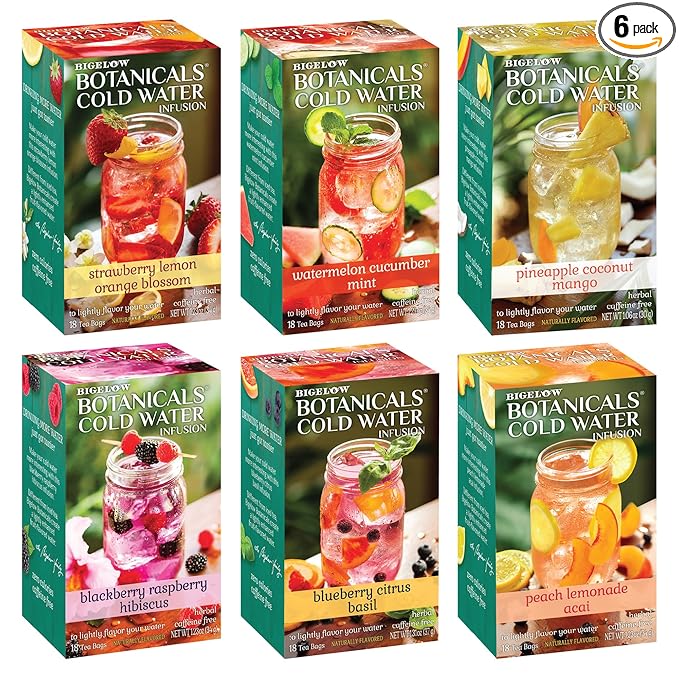 Bigelow Botanicals Cold Water Infusion Herbal Variety Pack, Caffeine Free Tea with Cranberry, Watermelon, Blackberry, Strawberry, Peach & Blueberry Flavor, 18 Count Box (Pack of 6), 108 Total Tea Bags