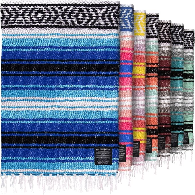 Authentic Extra Large Mexican Blanket - Handwoven Yoga, Serape, Artisanal Falsa, Beach, Camping, Picnic, Outdoor Blanket (King Turquoise)