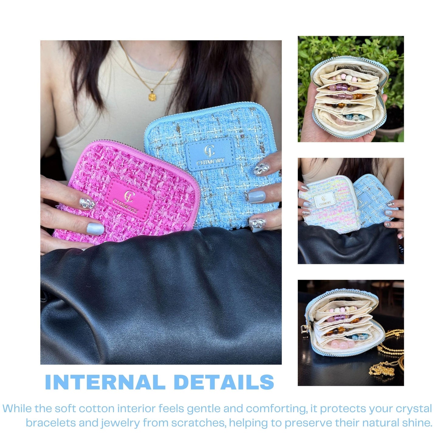 2025 New Travel Jewelry Case – Jewelry Organizer Travel for Rings, Bracelets, & Bangles with Smooth Metal Zipper, Elegant Jewelry Roll for Journey, Crystal Jewelry Storage Pouch, Mini, Tweed Blue