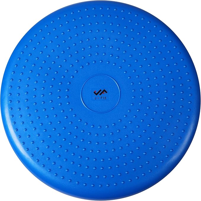 JFIT Inflatable Balance and Stability Disc - Large Yoga Wobble Cushion Trainer with Pump - Core Fitness and Workout Equipment Discs for Home - Office Chair, Ankle Strength Training and Dog or Pet Activity, Blue, 13-Inch
