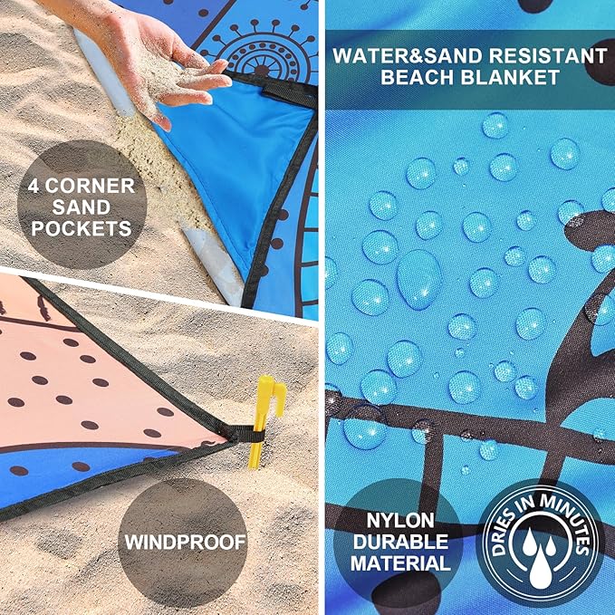 Beach Blanket Waterproof Sandproof Beach Mat 79" X 83"/10'x9'for 2-8 Adults Quick Drying Outdoor Picnic Mat Beach Accessories for Travel, Camping, Hiking