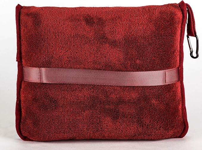 BlueHills Premium Soft Travel Blanket Pillow Airplane Blanket Packed in Soft Bag Pillowcase with Hand Luggage Belt and Backpack Clip Compact Large Long Flights Traveler Essentials Lightweight Red T001