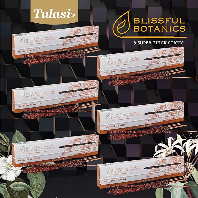 Tulasi Palo Santo Smudge Incense Sticks Pack – 48 Natural Smudge Sticks (6 Boxes x 8) | Long Burning (55 Min) | Aromatherapy, Spiritual Cleansing, Meditation, Mood Lifting, Air Purifying Incense
