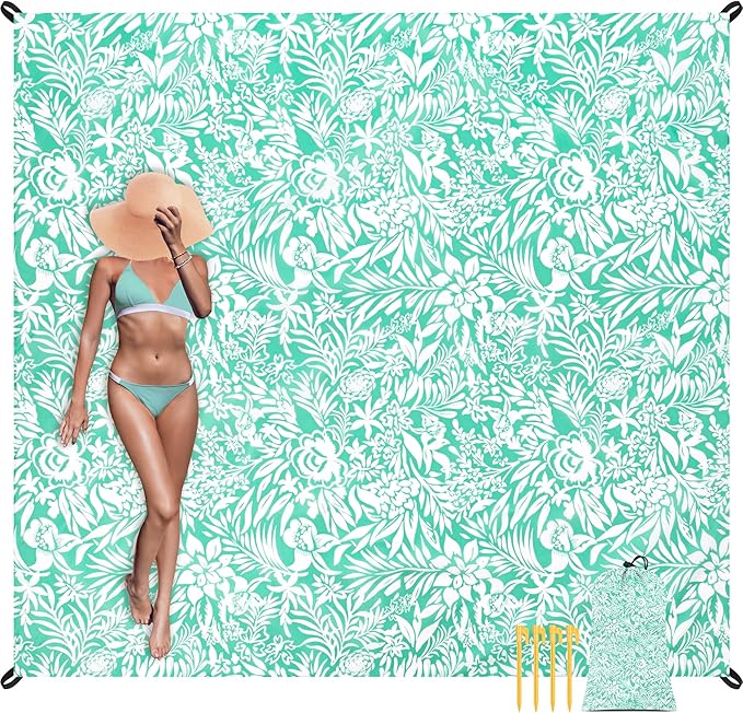 Beach Blanket Waterproof Sandproof Oversized, 110''×118'' Extra Large Beach Mat Sand Free, Lightweight Compact Folable Pinic Blanket w/ 4 Stakes & Pockets for Camping, Travel