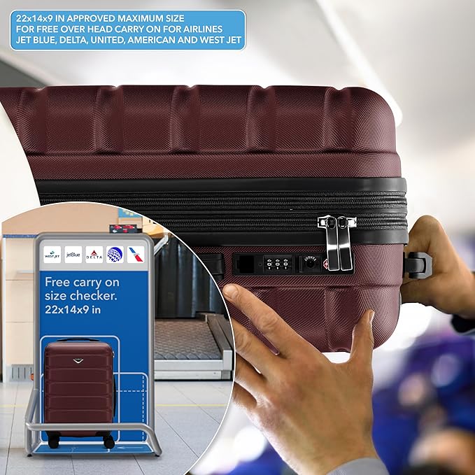 22x14x9" Expandable Carry On Suitcase Hardside TSA Lock USB C Port Lightweight Luggage Silent Double Spinner Wheels Maximum Overhead Carry-On Bag For American & United Approved Airlines