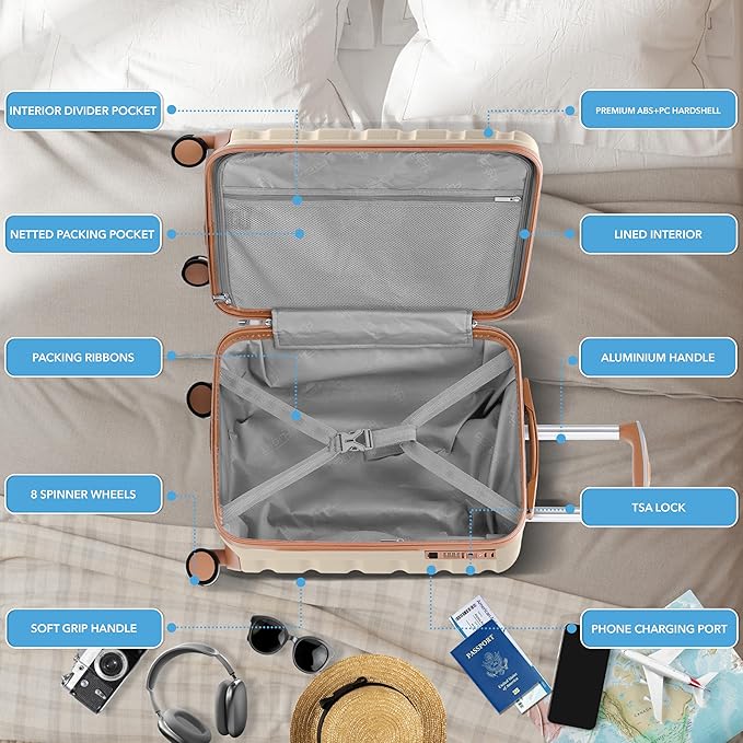 Carry On Suitcase Hardside TSA Lock & USB Port Silent Double Spinner Wheels Maximum Carry-On Bag For Canada Air Approved Airlines( 21.5x15.5x9" ,Cream/Tan )
