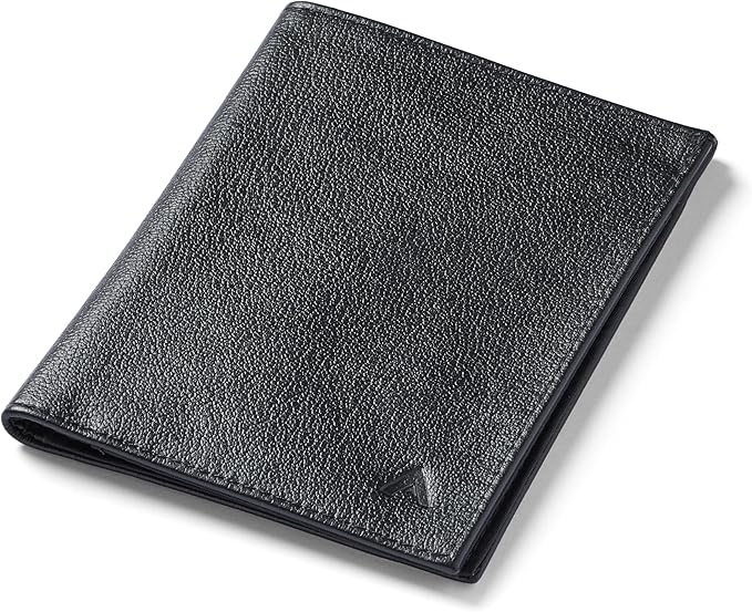 Allett Travel Wallet, Onyx Black | Leather, Thin Bifold, RFID Blocking, Minimalistic, Front Pocket | Holds Up To 10 Cards & Passport | For Men & Women