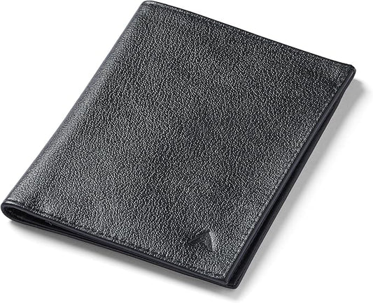 Allett Travel Wallet, Onyx Black | Leather, Thin Bifold, RFID Blocking, Minimalistic, Front Pocket | Holds Up To 10 Cards & Passport | For Men & Women