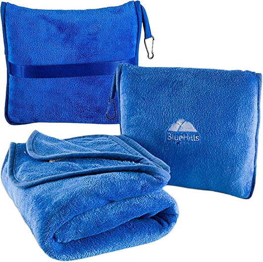 BlueHills Premium Soft Travel Blanket Pillow Airplane Blanket Packed in Soft Bag Pillowcase with Hand Luggage Belt and Backpack Clip, Compact Pack Large Plush for Any Travel (Royal Blue T003)