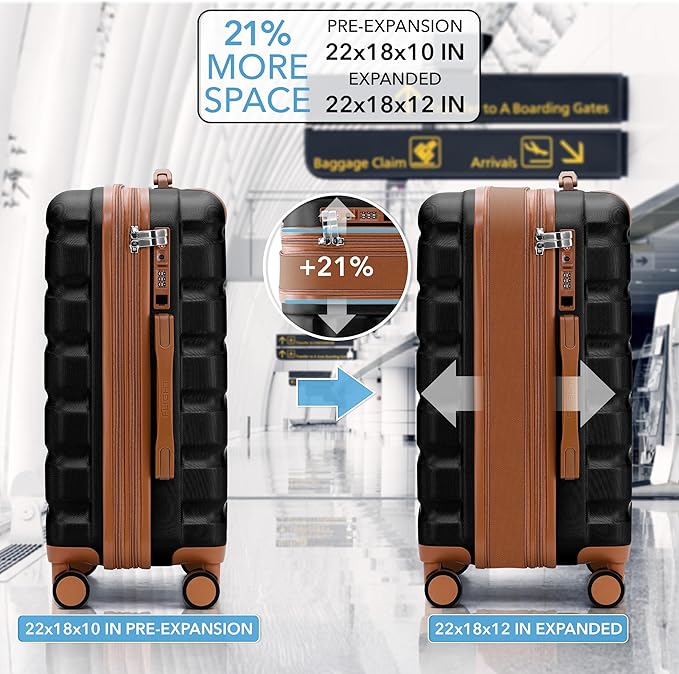 Carry On Suitcase Hardside TSA Lock & USB Port Silent Double Spinner Wheels Maximum Overhead Carry-On Bag Approved For Many Airlines( 22x18x10" ,Black/Tan )