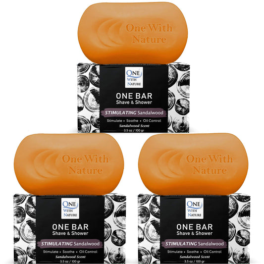 ONE Bar Stimulating Sandalwood 3.5 oz 3 Pack - All in One Shave, Shower, Shampoo for face, beard, body, hair/scalp. SuperFAT “oil” Infused: Avocado, Mango, Olive, Coconut, Argan Oil, Moisturizing.
