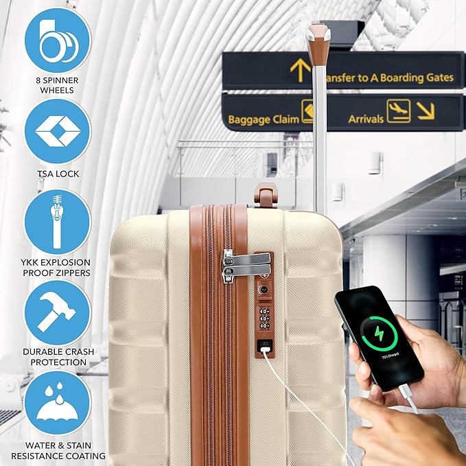 Carry On Suitcase Hardside TSA Lock & USB Port Silent Double Spinner Wheels Maximum Carry-On Bag For Canada Air Approved Airlines( 21.5x15.5x9" ,Cream/Tan )