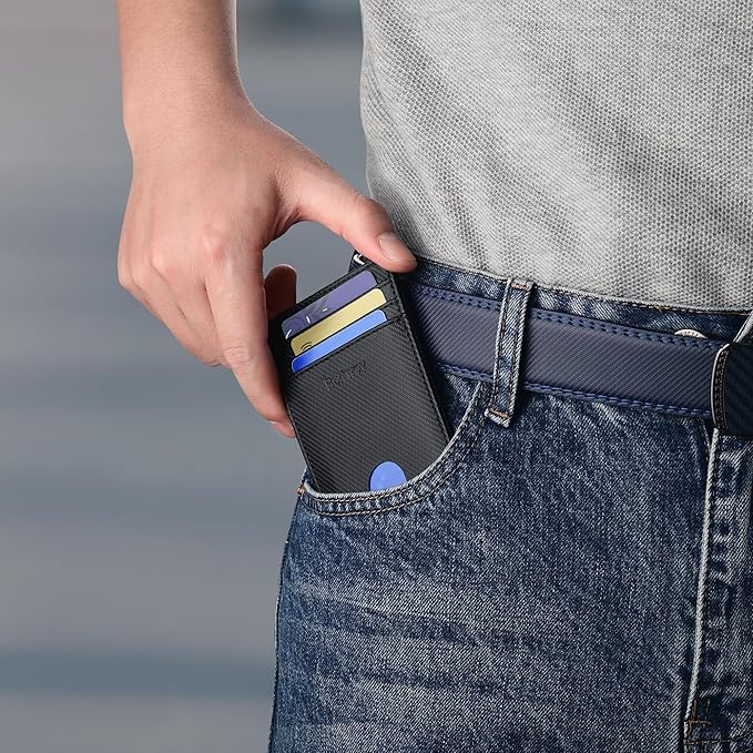 Buffway Mens Slim Wallet, Minimalist Thin Front Pocket Leather Credit Card Holder with RFID Blocking for Work Travel